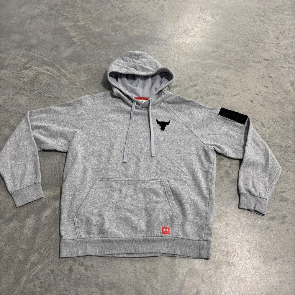 Under Armour Project Rock Gray Hoodie Men's Medium Black Logo Flag Patch